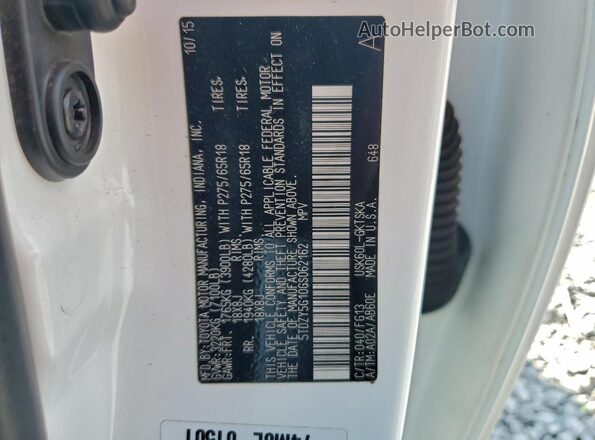 5TDZY5G10GS062162 2016 TOYOTA SEQUOIA White Widok naklejki z numerem VIN