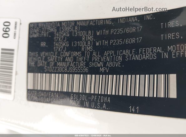 5TDZZ3DC8JS955596 2018 TOYOTA SIENNA Белый Вид подкапотного пространства