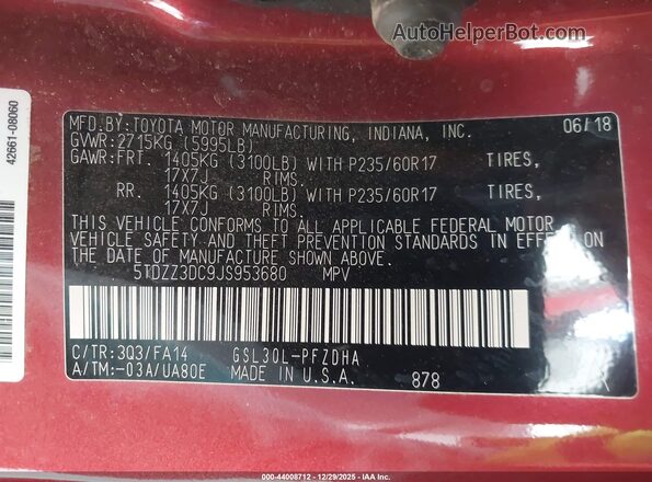 5TDZZ3DC9JS953680 2018 TOYOTA SIENNA Red Widok komory silnika