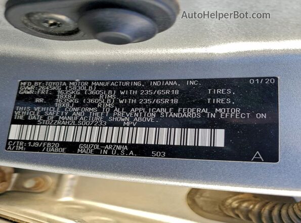 5TDZZRAH2LS007233 2020 TOYOTA HIGHLANDER Серебряный Вид наклейки с VIN-кодом