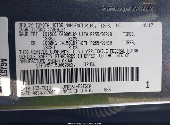 5TFDM5F15JX075627 2018 TOYOTA TUNDRA Серый Вид подкапотного пространства