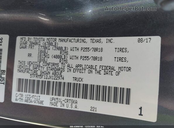 5TFRM5F12JX122974 2018 TOYOTA TUNDRA Серый Вид подкапотного пространства