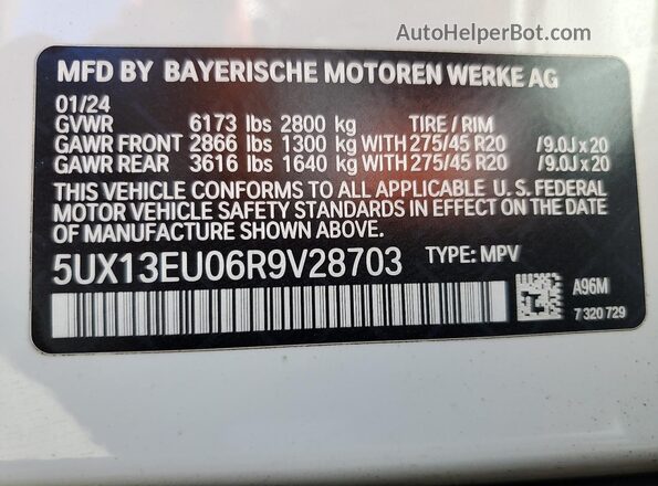 5UX13EU06R9V28703 2024 BMW X5 Белый Вид наклейки с VIN-кодом