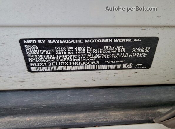 5UX13EU0XT9086063 2026 BMW X5 Белый Вид наклейки с VIN-кодом