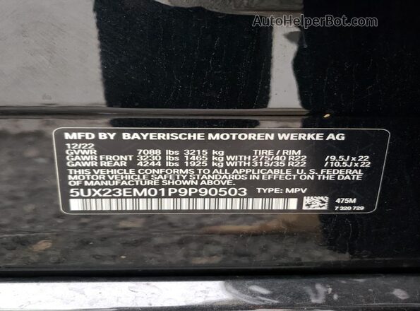 5UX23EM01P9P90503 2023 BMW X7 Black Widok naklejki z numerem VIN
