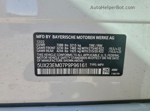 5UX23EM07P9P96161 2023 BMW X7 White Вид наклейки з VIN-кодом