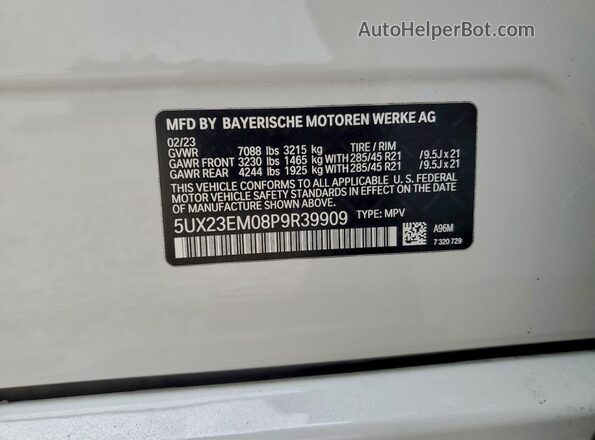 5UX23EM08P9R39909 2023 BMW X7 White VIN sticker view