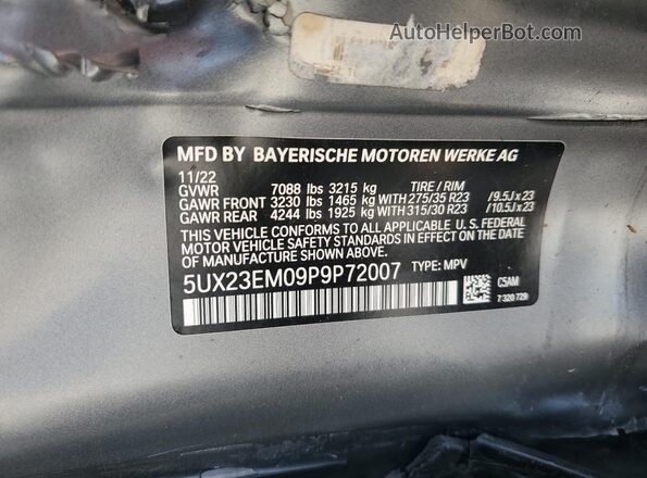 5UX23EM09P9P72007 2023 BMW X7 Gray Vista interior de 360 grados