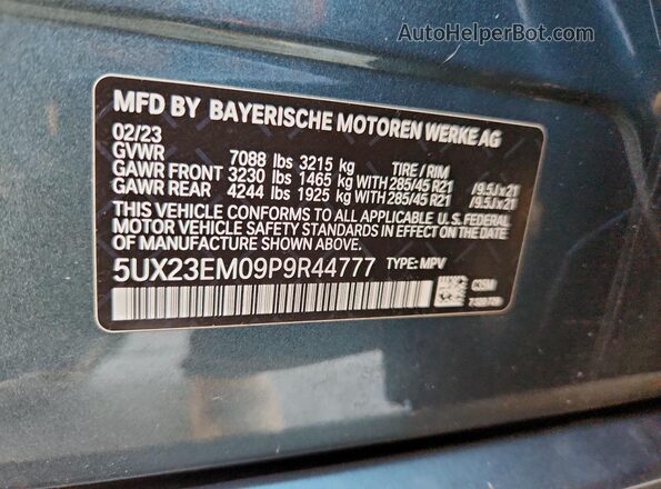 5UX23EM09P9R44777 2023 BMW X7 Gray Widok naklejki z numerem VIN