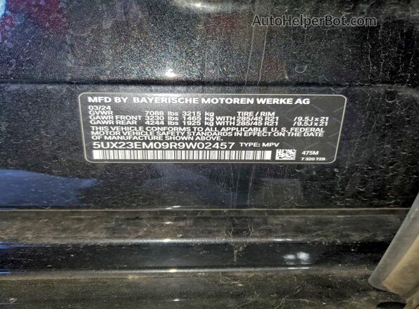 5UX23EM09R9W02457 2024 BMW X7 Black VIN կոդի պիտակի տեսք