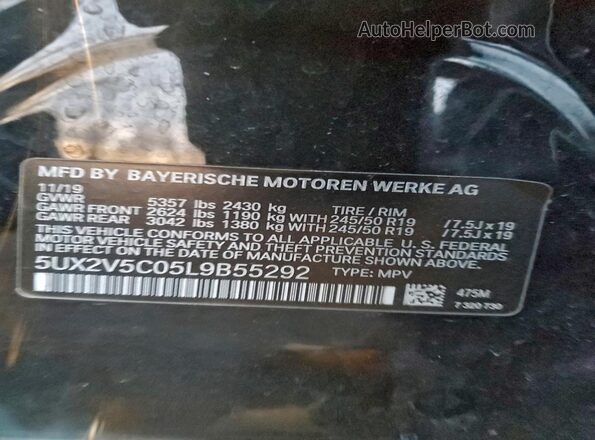 5UX2V5C05L9B55292 2020 BMW X4 Черный Вид наклейки с VIN-кодом