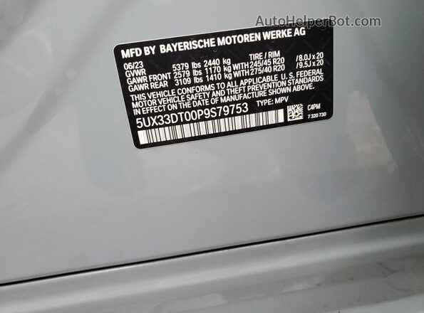 5UX33DT00P9S79753 2023 BMW X4 Синий Вид наклейки с VIN-кодом