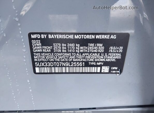 5UX33DT07N9L25561 2022 BMW X4 Серый Вид подкапотного пространства