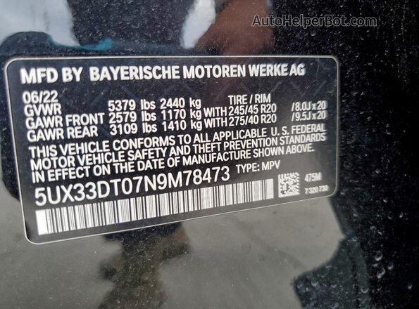 5UX33DT07N9M78473 2022 BMW X4 Черный Панорамный вид салона 360°