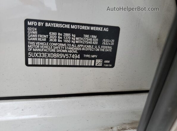 5UX33EX08R9V57494 2024 BMW X6 White Панорамний вид салону 360°