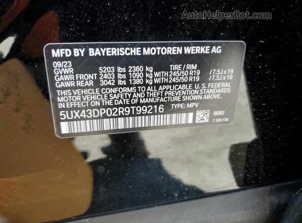 5UX43DP02R9T99216 2024 BMW X3 Black VIN კოდის სტიკერის ხედი