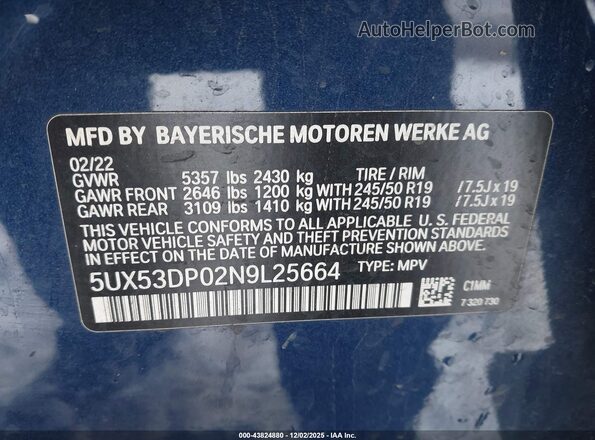 5UX53DP02N9L25664 2022 BMW X3 Синий Вид подкапотного пространства