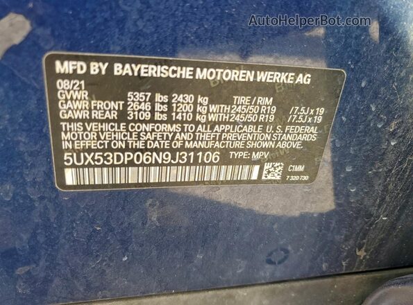 5UX53DP06N9J31106 2022 BMW X3 Синий Панорамный вид салона 360°