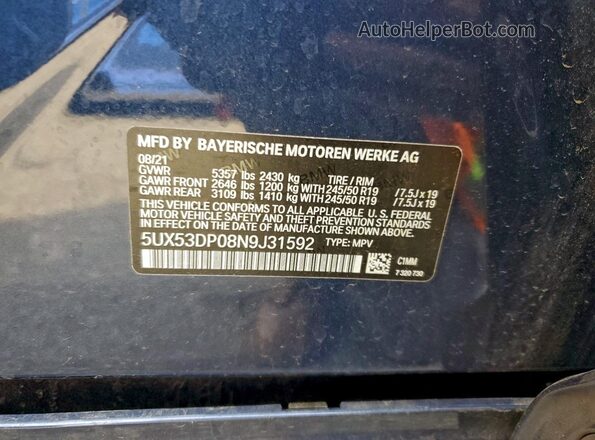 5UX53DP08N9J31592 2022 BMW X3 Синий Вид наклейки с VIN-кодом