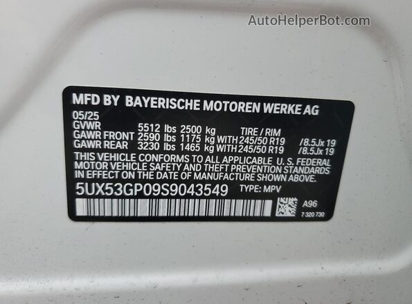 5UX53GP09S9043549 2025 BMW X3 White Widok naklejki z numerem VIN
