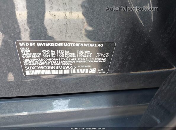 5UXCY6C05N9M69655 2022 BMW X6 Gray Вид підкапотного простору