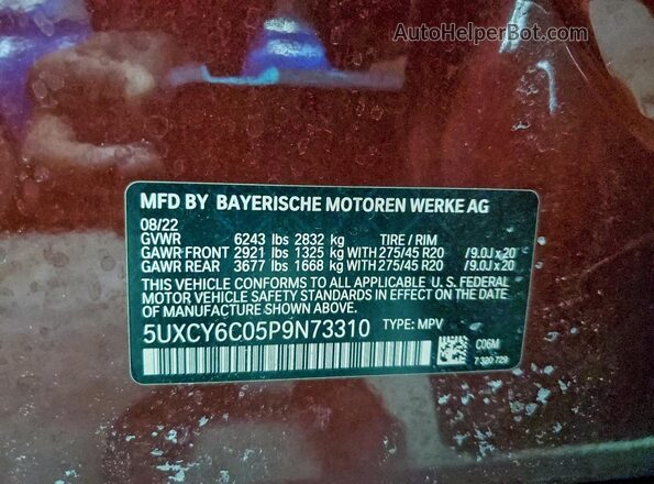 5UXCY6C05P9N73310 2023 BMW X6 Красный Панорамный вид салона 360°