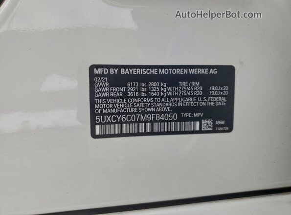 5UXCY6C07M9F84050 2021 BMW X6 White Widok naklejki z numerem VIN
