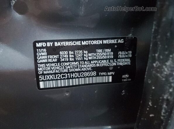 5UXKU2C31H0U28698 2017 BMW X6 Серый Вид наклейки с VIN-кодом