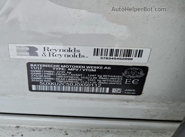 5UXKU2C50J0X50112 2018 BMW X6 White VIN կոդի պիտակի տեսք