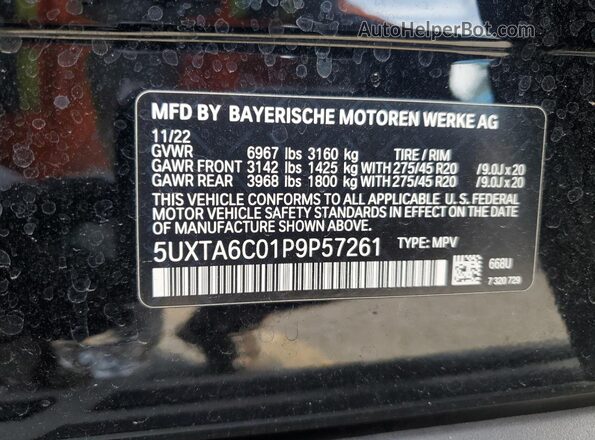 5UXTA6C01P9P57261 2023 BMW X5 Black VIN sticker view