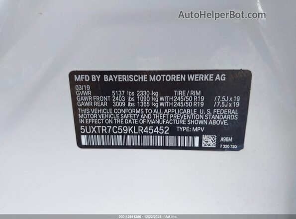 5UXTR7C59KLR45452 2019 BMW X3 Белый Вид подкапотного пространства