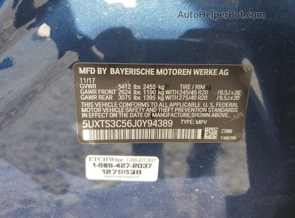 5UXTS3C56J0Y94389 2018 BMW X3 Синий Вид наклейки с VIN-кодом