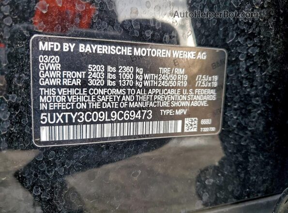 5UXTY3C09L9C69473 2020 BMW X3 Black Widok naklejki z numerem VIN