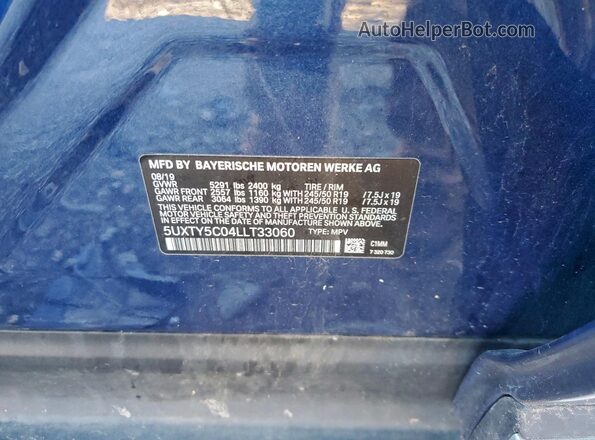 5UXTY5C04LLT33060 2020 BMW X3 Blue Вид наклейки з VIN-кодом