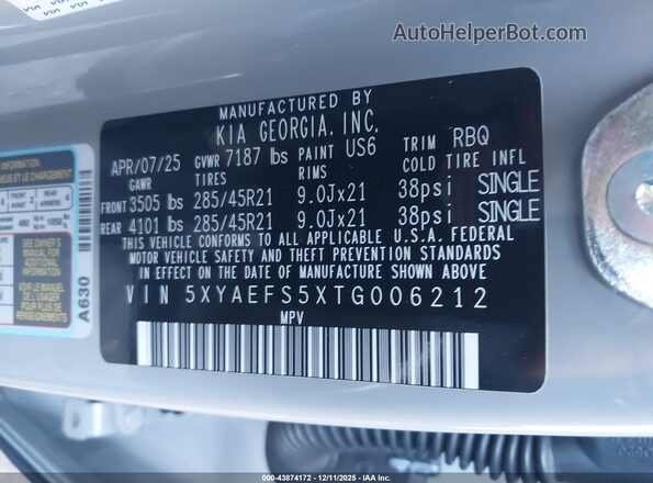 5XYAEFS5XTG006212 2026 KIA EV9 Gray ძრავის განყოფილების ხედი