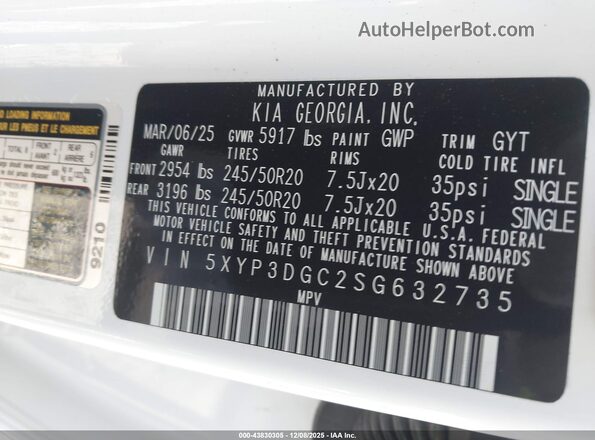 5XYP3DGC2SG632735 2025 KIA TELLURIDE White Вид підкапотного простору