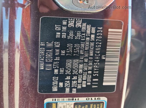 5XYP54HC4NG276334 2022 KIA TELLURIDE Burgundy Вид наклейки з VIN-кодом