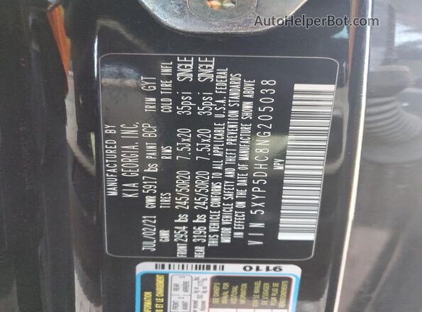 5XYP5DHC8NG205038 2022 KIA TELLURIDE Черный Вид наклейки с VIN-кодом