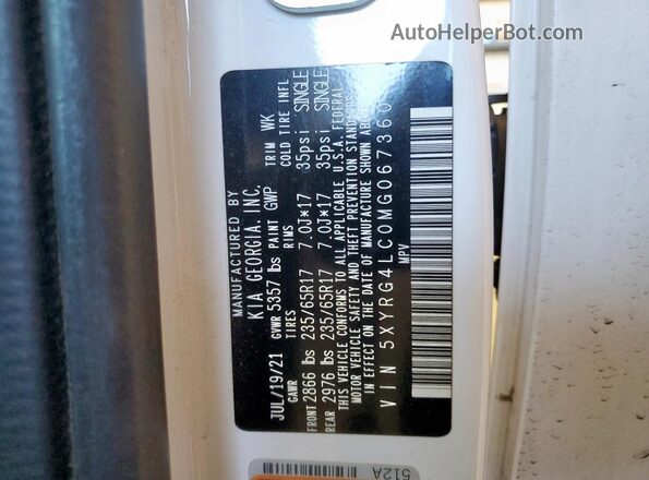 5XYRG4LC0MG067360 2021 KIA SORENTO White VIN კოდის სტიკერის ხედი