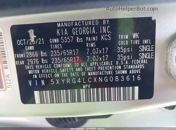 5XYRG4LCXNG083616 2022 KIA SORENTO Silver Вид підкапотного простору