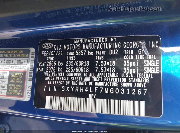 5XYRH4LF7MG031267 2021 KIA SORENTO Синий Вид подкапотного пространства