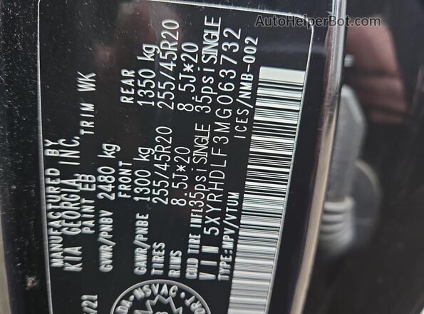 5XYRHDLF3MG063732 2021 KIA SORENTO Черный Вид наклейки с VIN-кодом