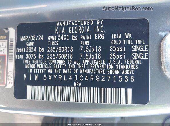 5XYRL4JC4RG271536 2024 KIA SORENTO Gray Widok komory silnika