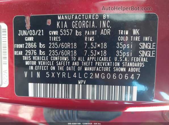 5XYRL4LC2MG060647 2021 KIA SORENTO Красный Вид подкапотного пространства