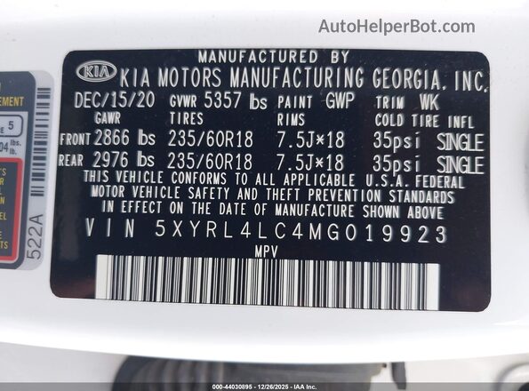 5XYRL4LC4MG019923 2021 KIA SORENTO White Engine compartment view