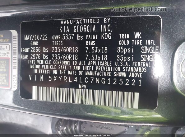 5XYRL4LC7NG125221 2022 KIA SORENTO Серый Вид подкапотного пространства