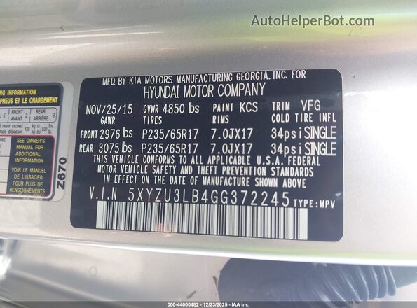 5XYZU3LB4GG372245 2016 HYUNDAI SANTA FE SPORT Серебряный Вид подкапотного пространства