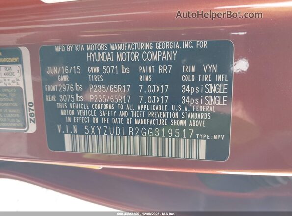 5XYZUDLB2GG319517 2016 HYUNDAI SANTA FE SPORT Оранжевый Вид подкапотного пространства