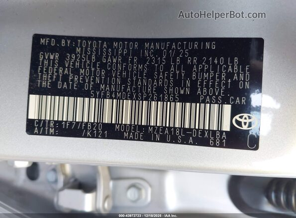 5YFB4MDEXSP261865 2025 TOYOTA LL Серебряный Вид подкапотного пространства
