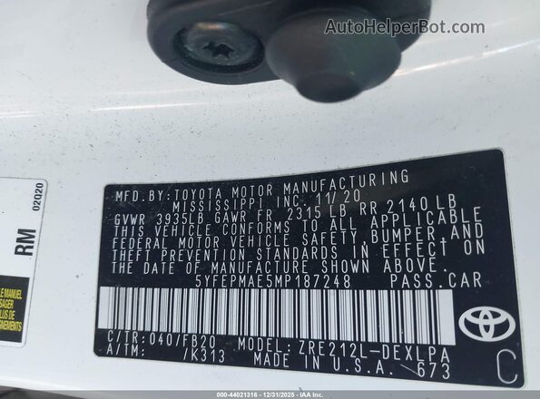5YFEPMAE5MP187248 2021 TOYOTA LL White ძრავის განყოფილების ხედი